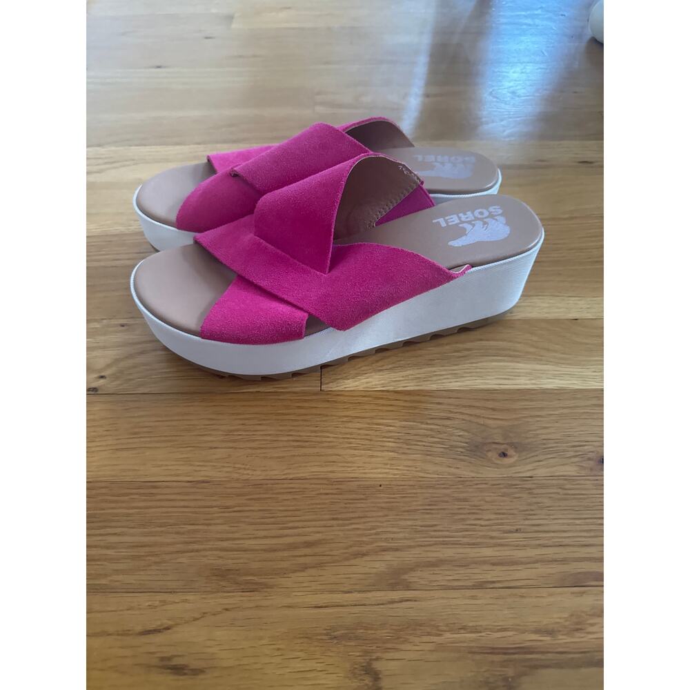 Sorel Women's Fuchsia Fizz Leather Cameron Flatform Mule Wedge Sandals Size 8 - Picture 3 of 7